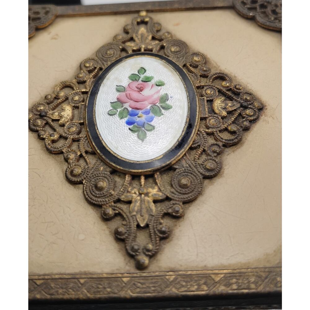 Vintage 1950s Filigree Glass Jewelry Casket Trinket Box Detached Lid